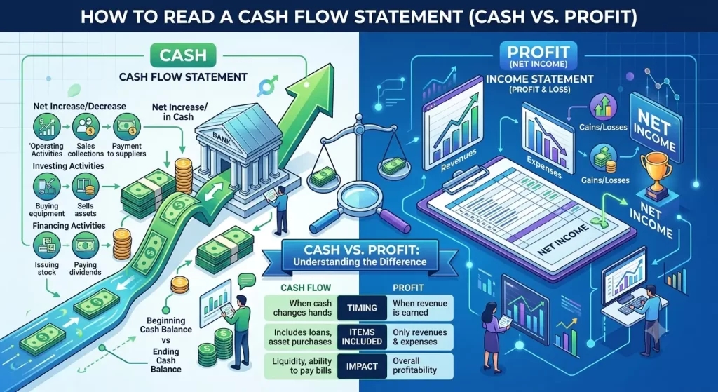 Cash flow statement vs profit comparison graphic for beginner investors