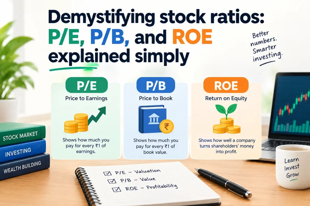 Visual guide to stock ratios P/E, P/B, and ROE explained simply